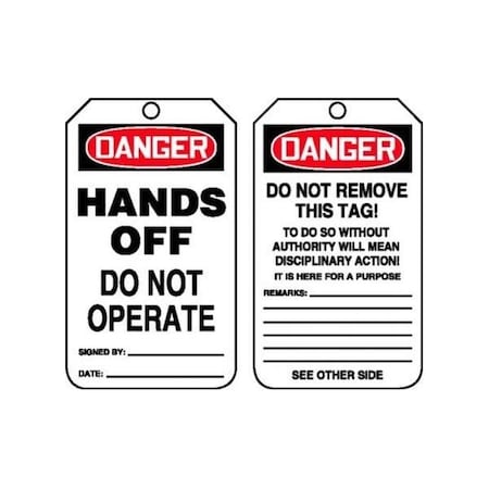 Accuform Safety Tags, DANGER HANDS OFF DO NOT OPERATE, 5.75in x 3.25in, RP-Plastic, 5PK MDT162PTM